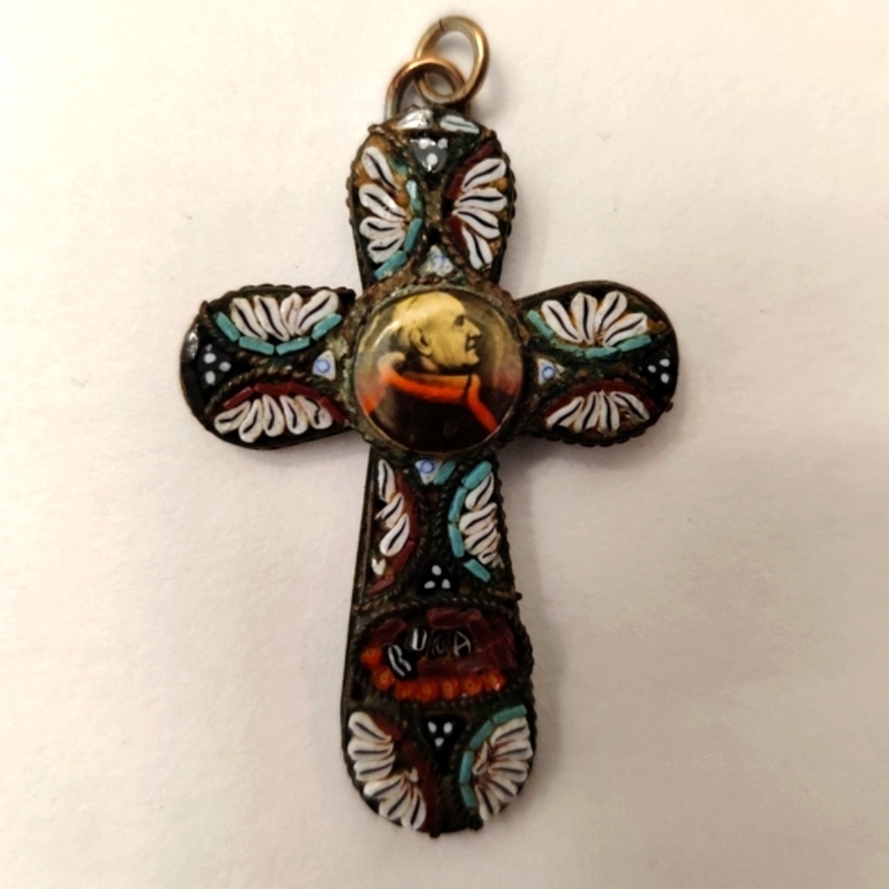 Antique 30s-40s Mosaic Cross w/Pope portrait